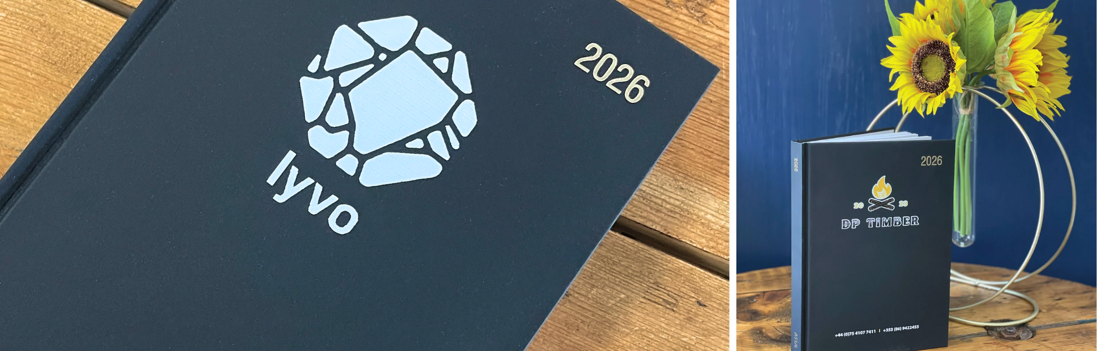 Black 2026 Diary with 'Iyvo' logo and '2026' on a wooden surface, next to another diary with vase with sunflowers.