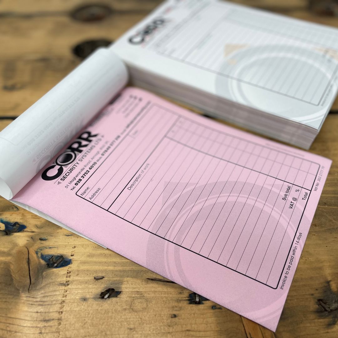 Duplicate NCR Set, with logo, contact details and numbered, showing the duplicate (pink) sheet. 