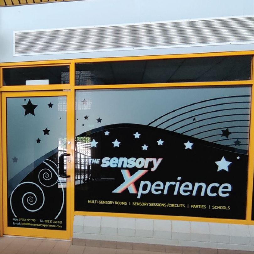 Window Graphics for The Sensory Xperience, with their logo and frosting on the window