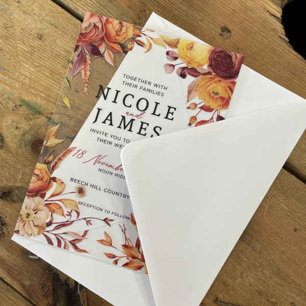 Acrylic wedding invitation with a white envelope