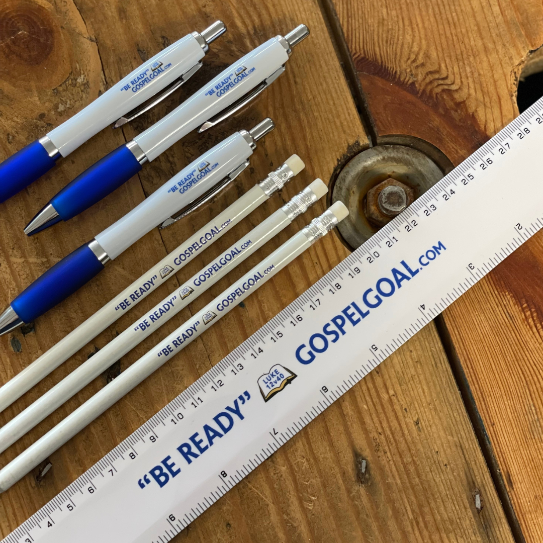 Branded Pens, Pencils and Rulers for "Be Ready" GospelGoal.com on a wooden table.