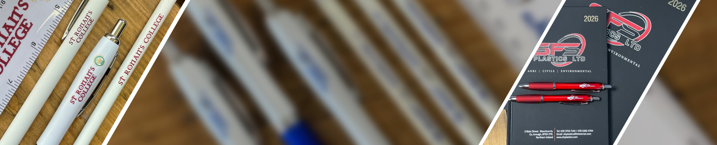 Collage of various pens and pencils with a focus on a box of pens.