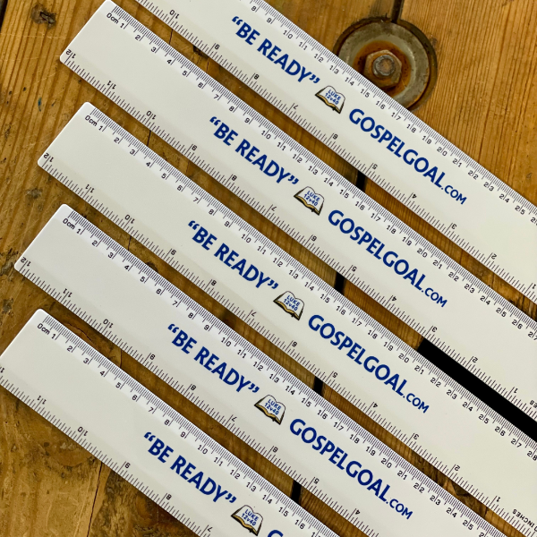 Branded Rulers for "Be Ready"  Gospelgoal.com on a wooden table.