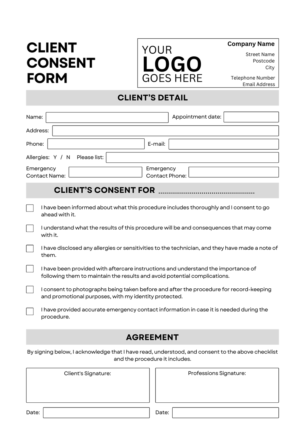 Consent and After Care Forms | Upload Your Logo & Details