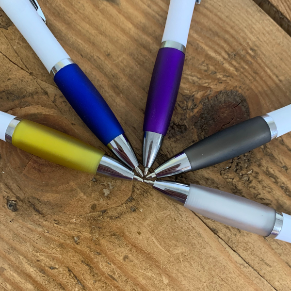 Yellow, blue, purple, grey and white pen