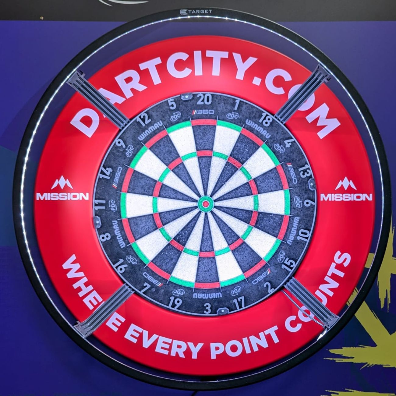 Custom Dartboard Surround with 'Dartcity.com' branding on a blue background