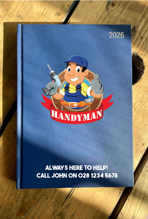 Blue Diary with a cartoon handyman on a wooden surface