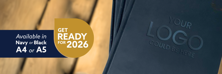 Promotional banner for a diary with customisable logo, available in Navy or Black, A4 or A5 size.