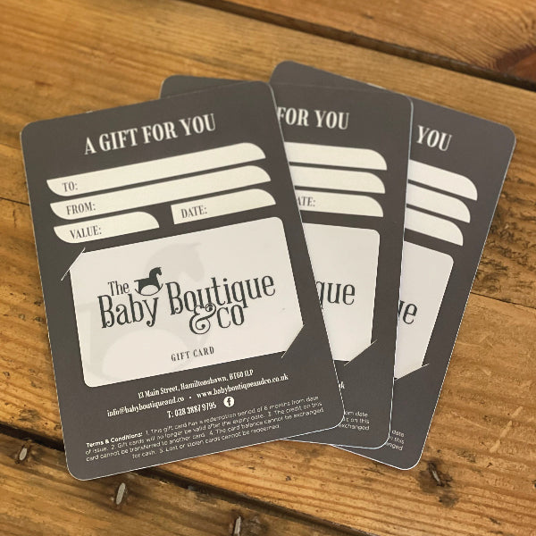 UV Printed Gift Cards for Baby Boutique & Co, on a Gift Card Holder. 