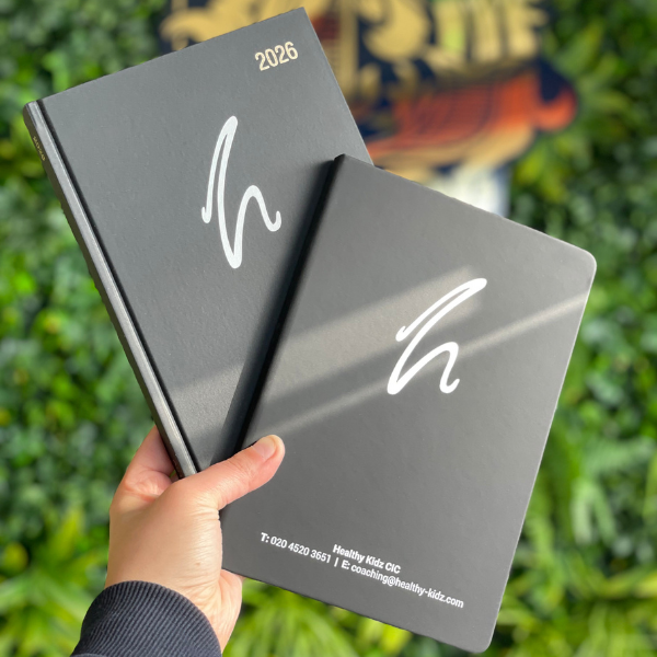 Healthy Kids black 2026 diary and matching notebook