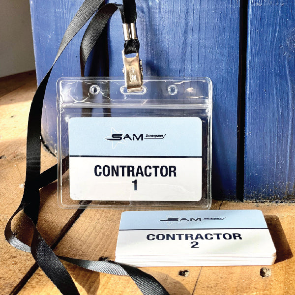 Contractor Card for SAM aerospace in a Lanyard, printed with UV. 