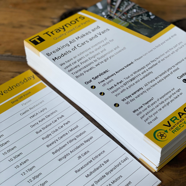 Yellow and white Traynors Leaflets
