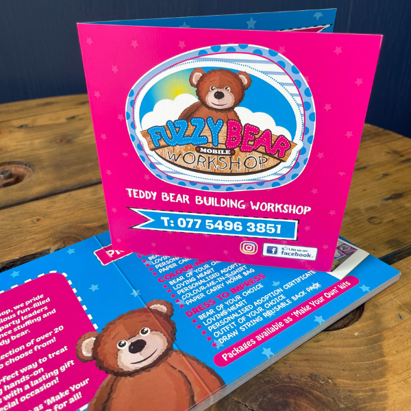 Fuzzy bear half fold flyer pink and blue