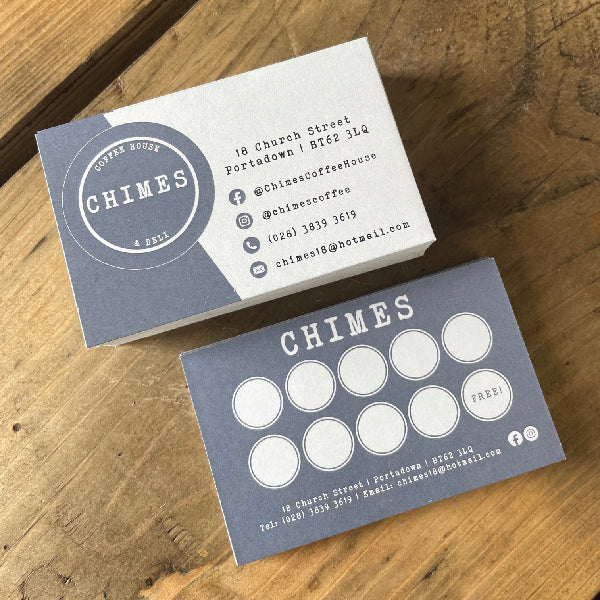 Double Sided Loyalty Cards for Chimes cafe, business card on the front, loyalty card on the back.