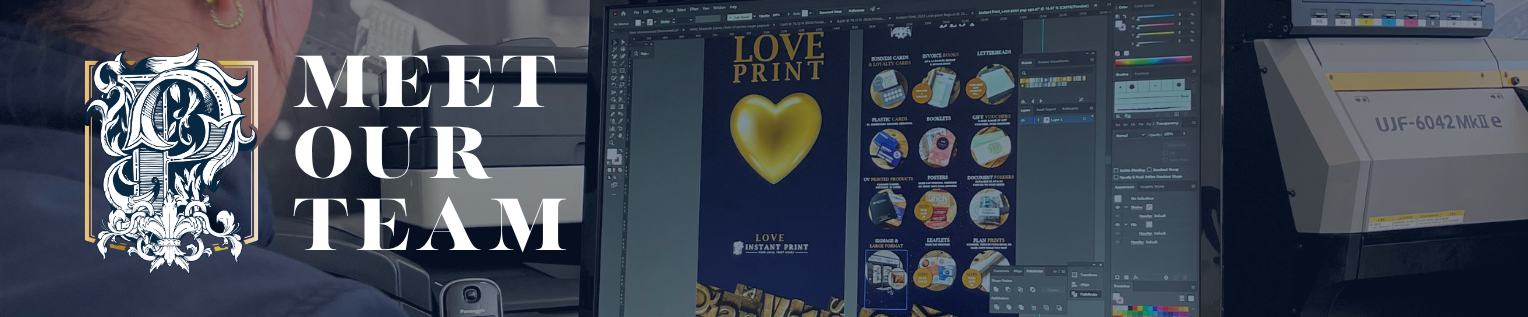 Computer screen displaying a software app with various icons and a 'Love Print' slogan, alongside text 'Meet Our Team'.