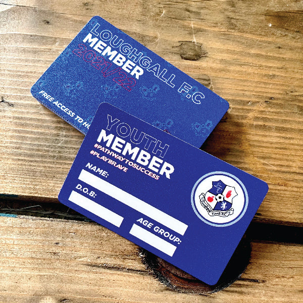 Blue UV printed Membership Cards for Loughgall FC, printed double sided