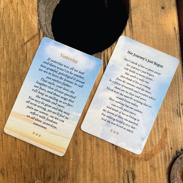 Double sided Memorial Cards, UV printed with rounded corners. 