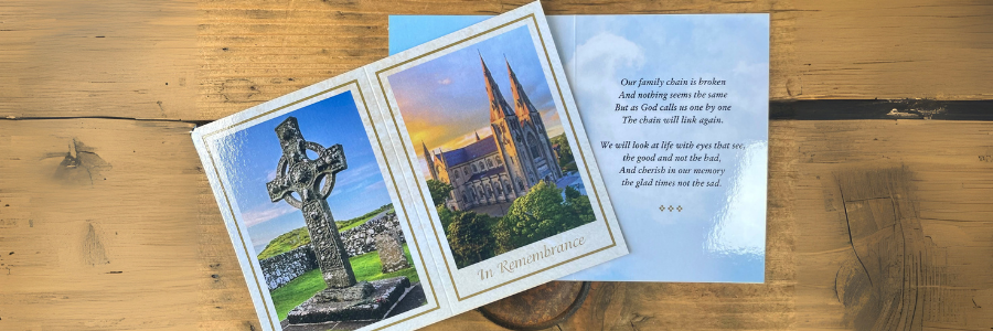 Memorial Wallet Card with gloss lamination on wooden table