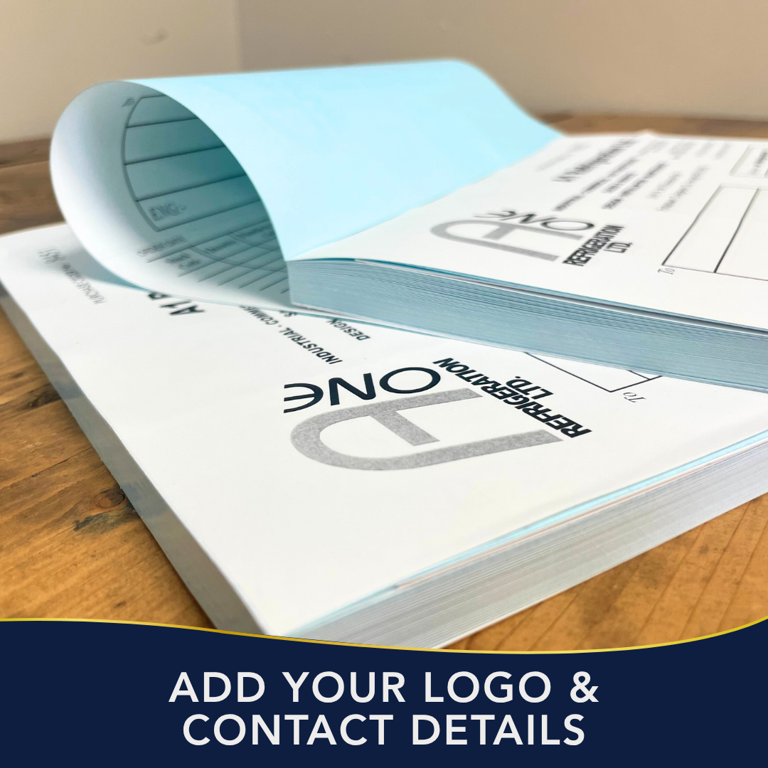 NCR Pad with a logo on a wooden surface, text 'ADD YOUR LOGO & CONTACT DETAILS' at the bottom.
