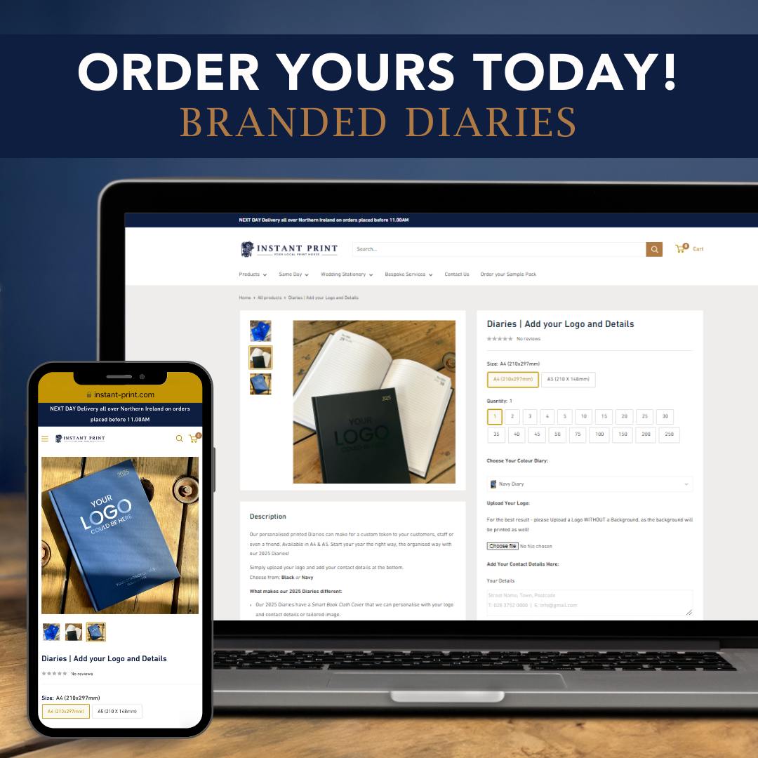 Laptop and smartphone displaying a branded diaries ordering platform with 'Order Yours Today!' text.