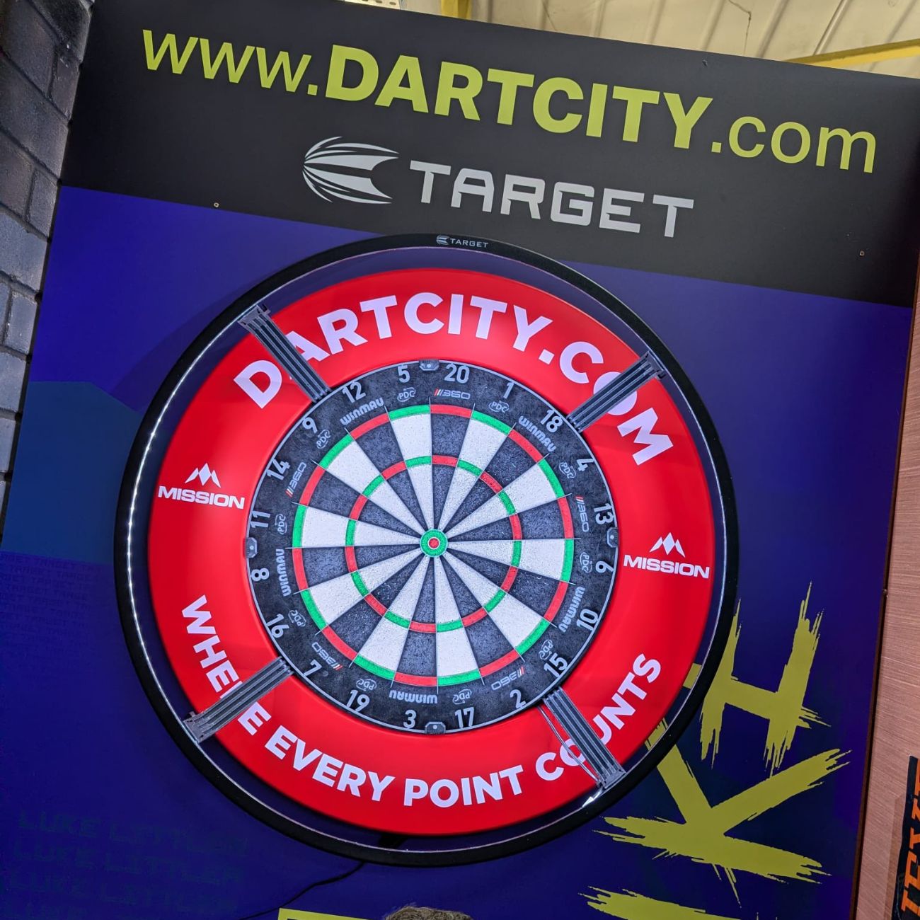 Protective Dart Backboard with red and blue design with 'Dartcity.com' branding.