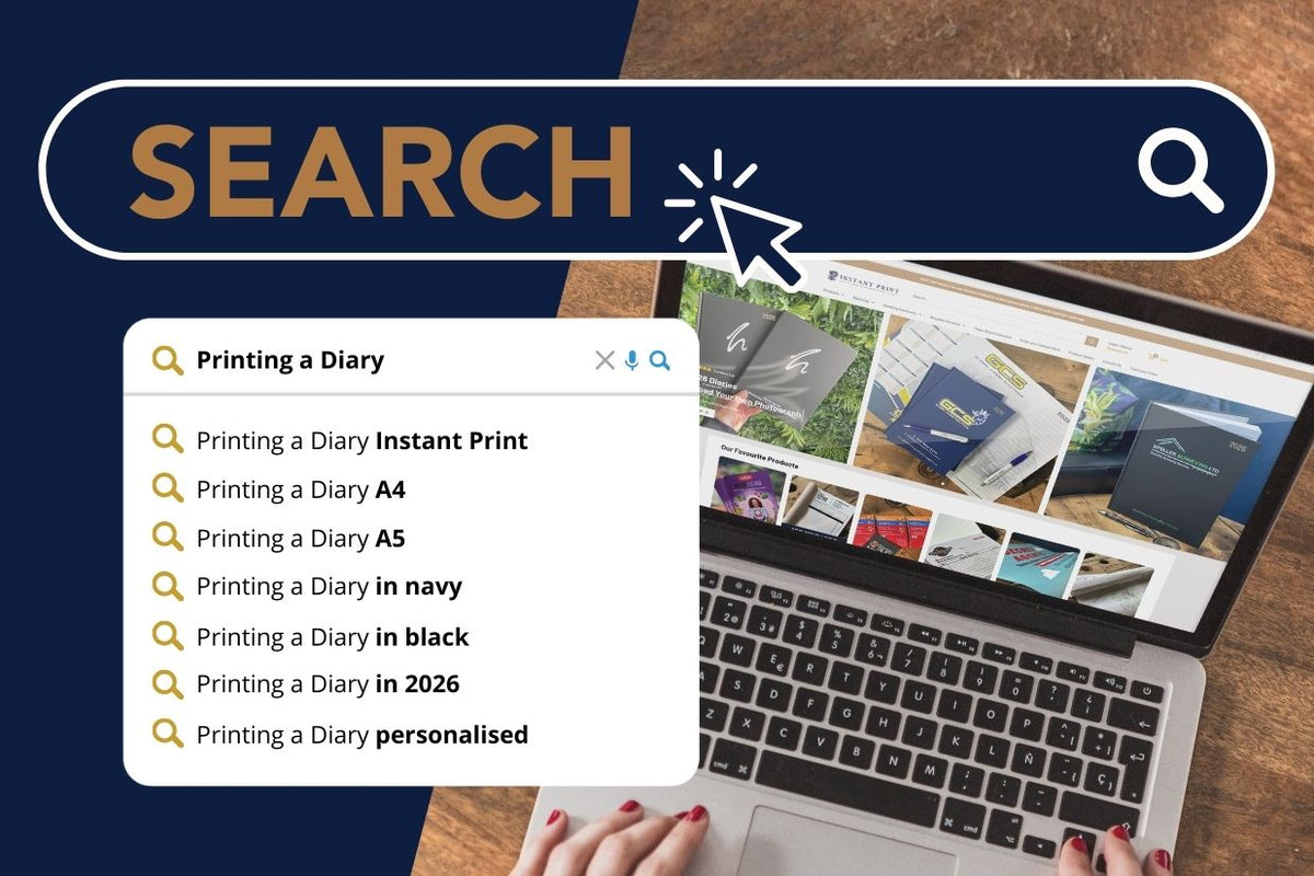 Promotional Banner with TEXT "SEARCH", located in a search bar. Pictured with a laptop and a searchbar stating "Printing a Diary"
