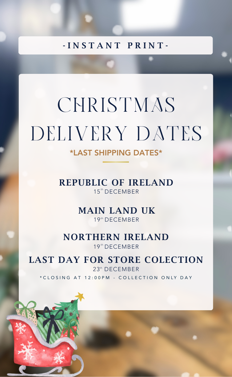 Christmas delivery dates poster with festive elements on a blurred background