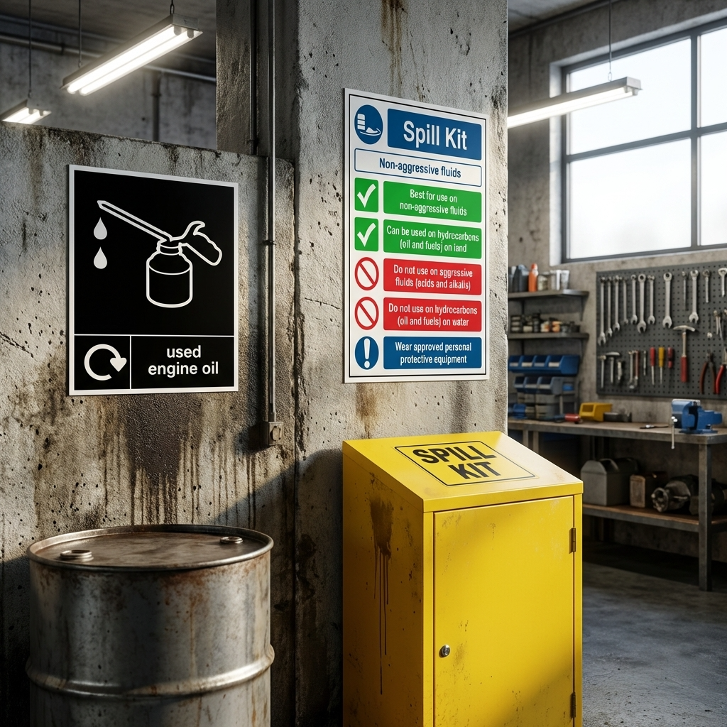 Warning signs on the wall in a working mechanic garage.