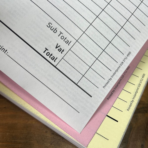 Triplicate invoice book with white, pink and yellow sheet.