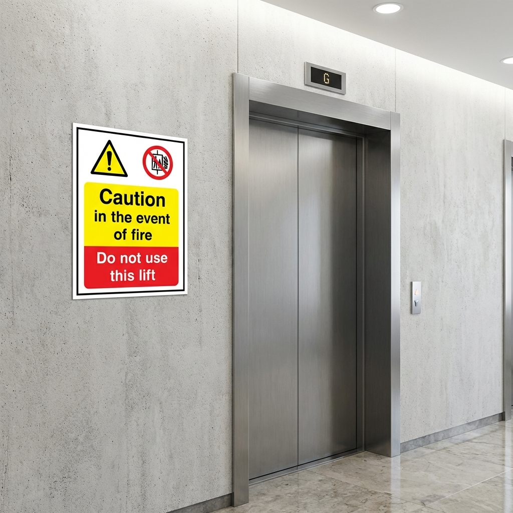 Sign with "Caution in the event of fire" on the side of a lift