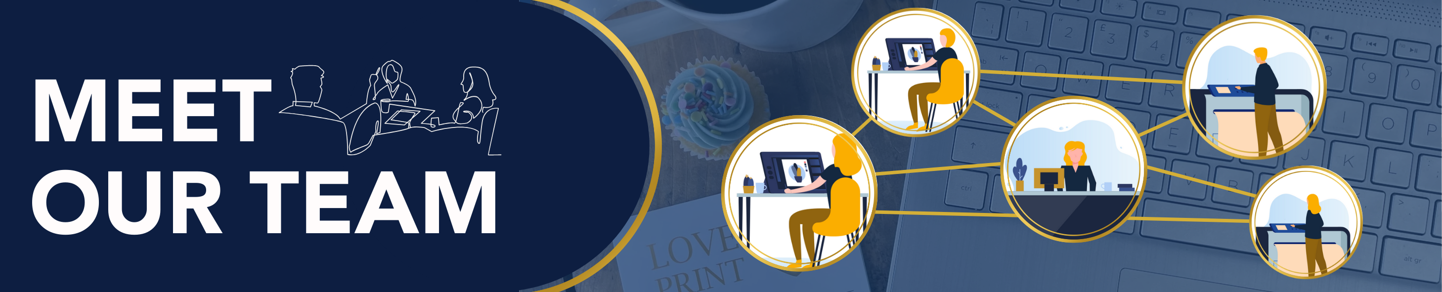 Meet our Team Website banner with icons of a print finisher, graphic designer and front of house.