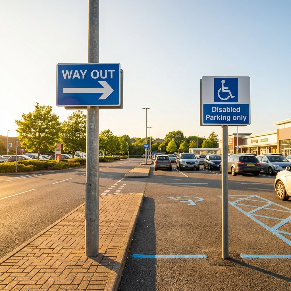 Way out sign and disabled parking only sign on a street with cars and buildings in the background.