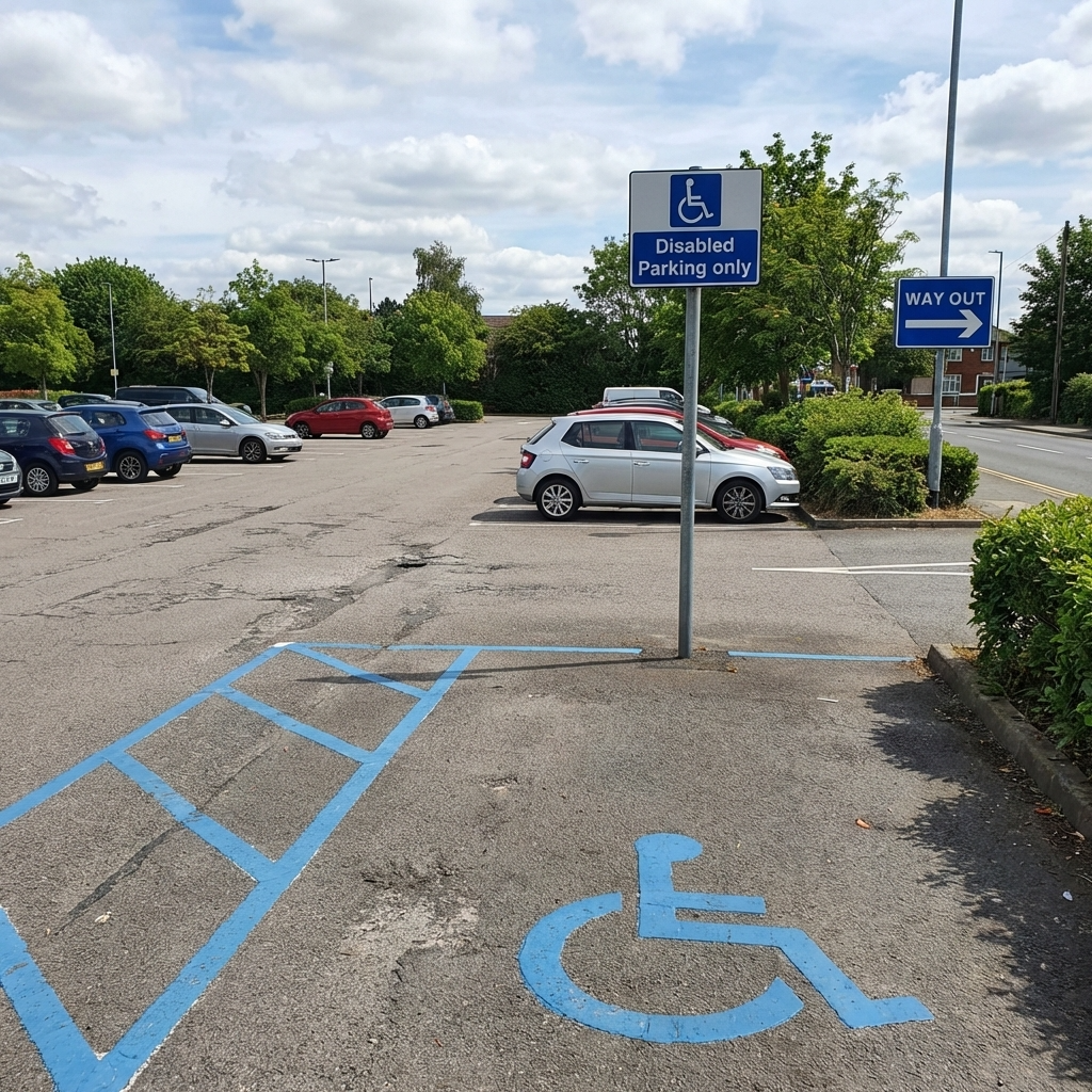 Disabled parking sign in a parking lot with cars and blue handicap symbols on the ground.