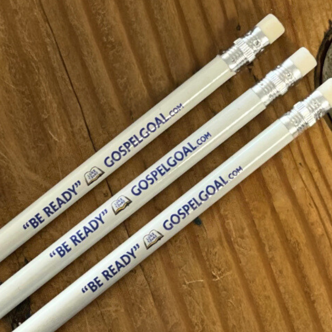 Branded UV Printed Pencis with "Be Readt" Gospelgoal.com, on a wooden table.