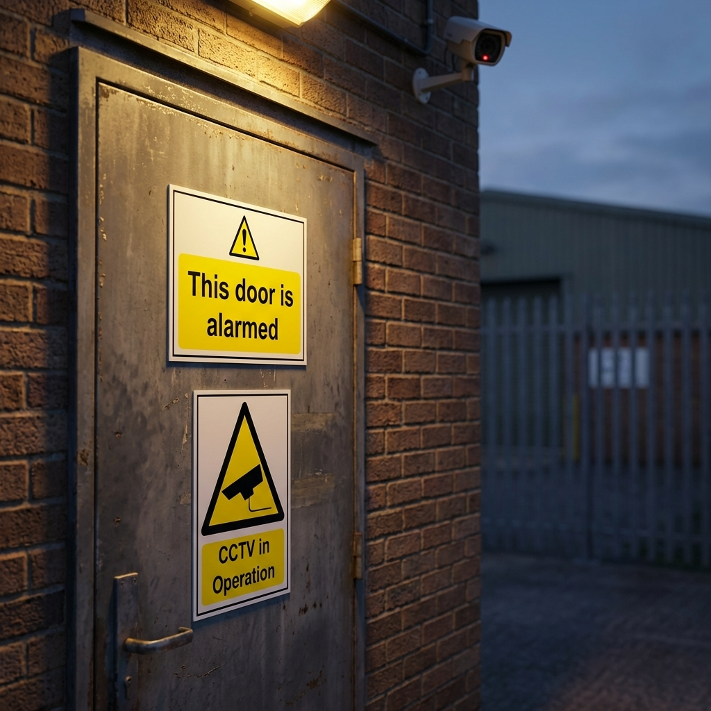 Metal door with warning signs indicating it is alarmed and CCTV is in operation, on a brick wall.