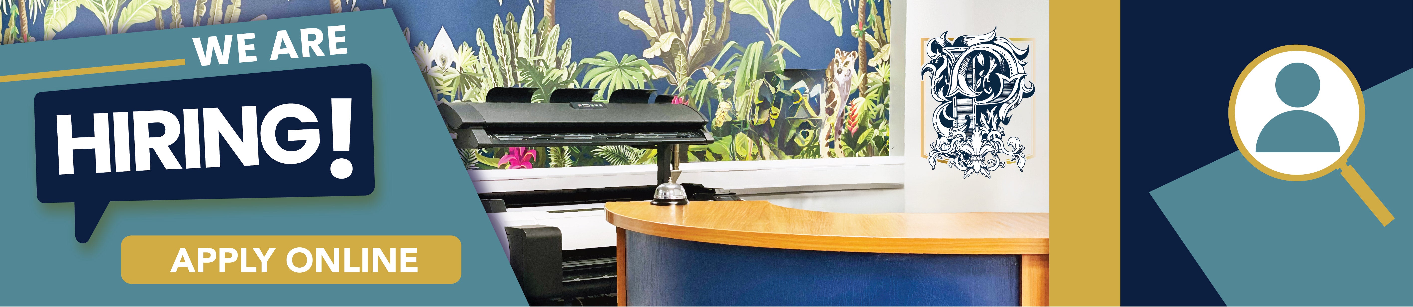 Job posting banner with 'We Are Hiring!' text, application button, and office background.